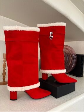 Red Suede Heeled Boots with White Shearling Trim